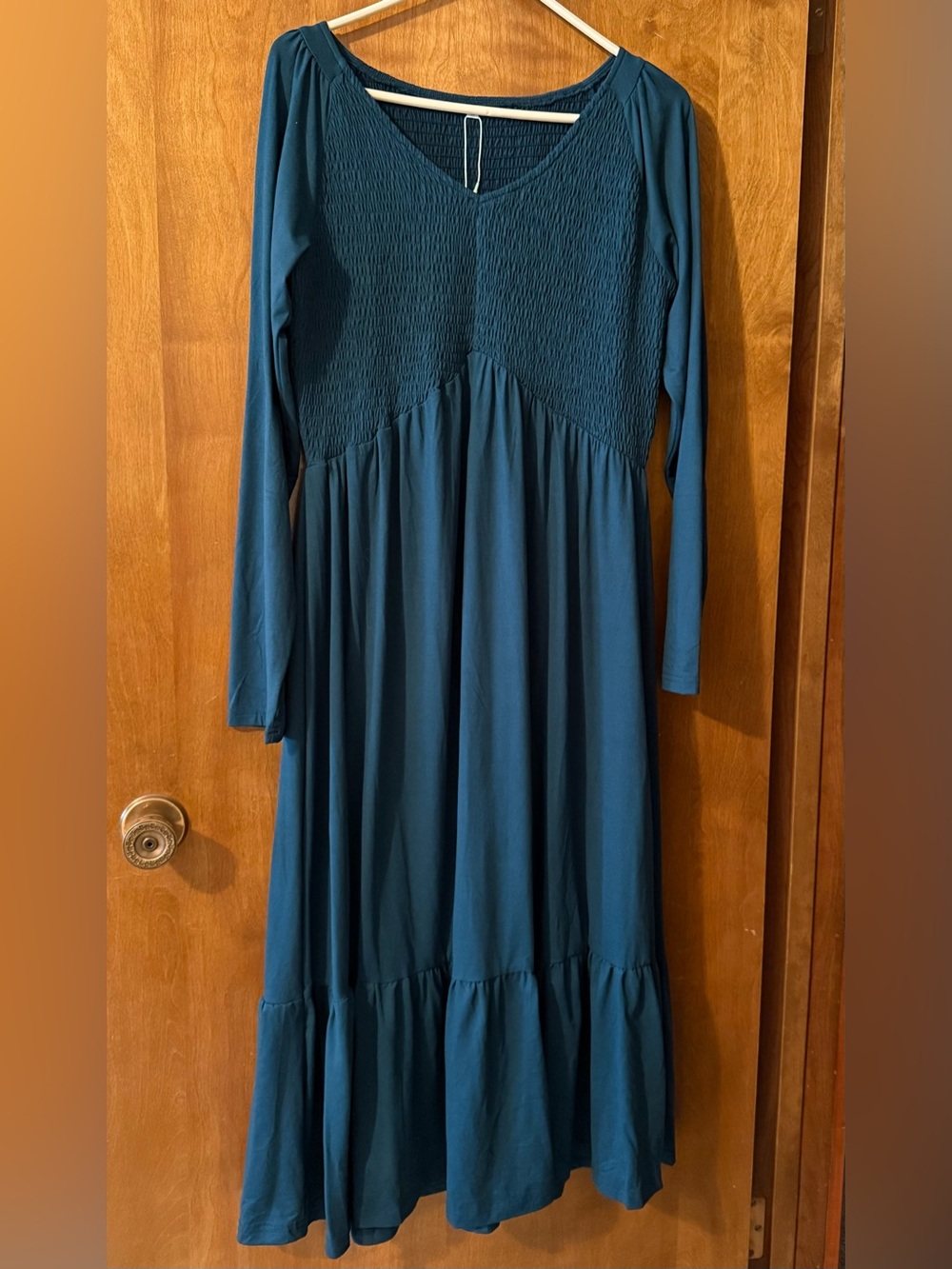Auselily Smocked Bodice Long Sleeve Maxi Dress in Teal Blue